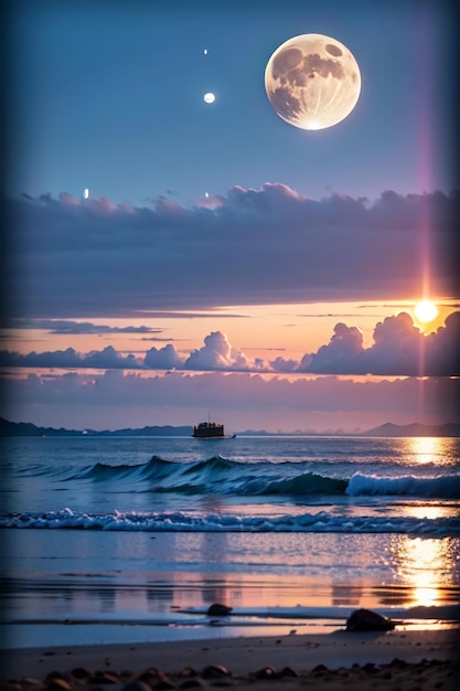 Moon and the sea at sunset