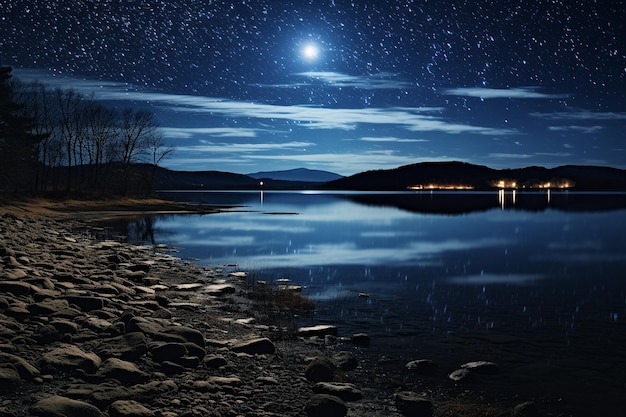 Foto la luna e il lago scintillante a mezzanotte