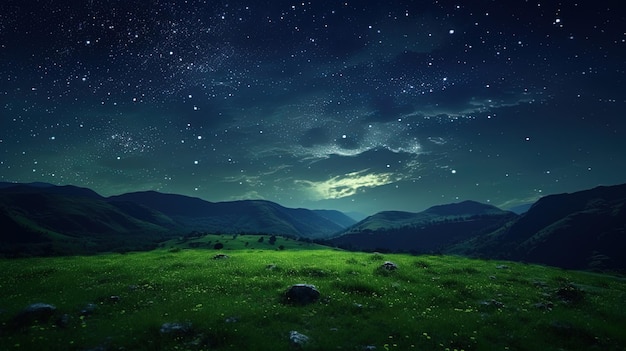 Луна светит на зеленых холмах