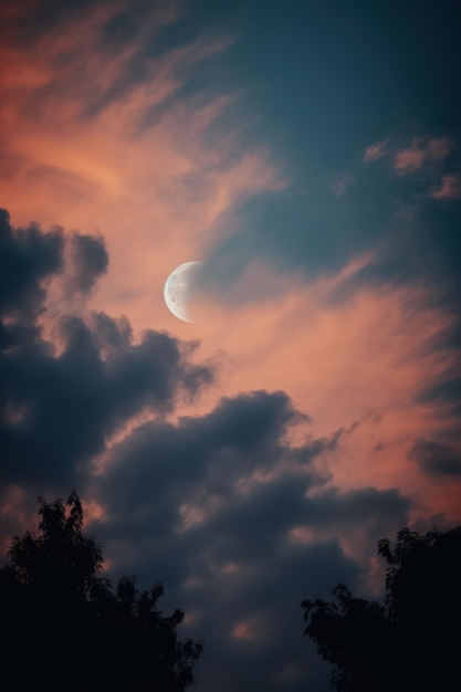 Foto la luna splende sopra le cime degli alberi in un cielo rosa