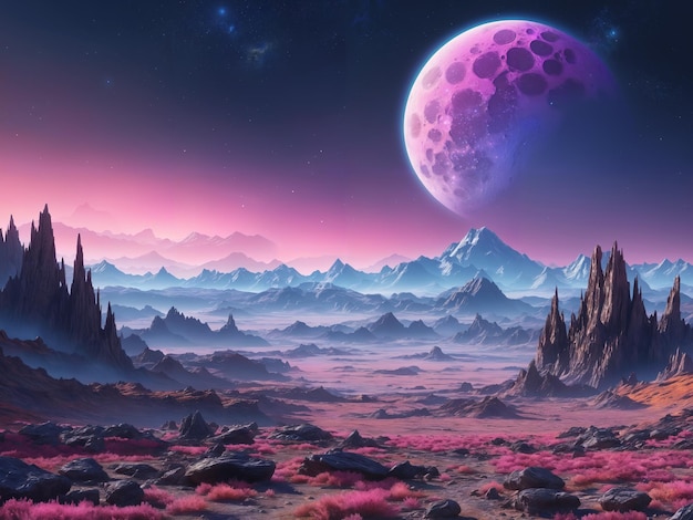 A moon in the sky over an alien rocky desert and mountains in the background