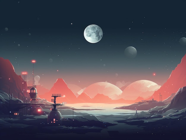 Луна в небе ночью фоновая игра 2D футуристическая