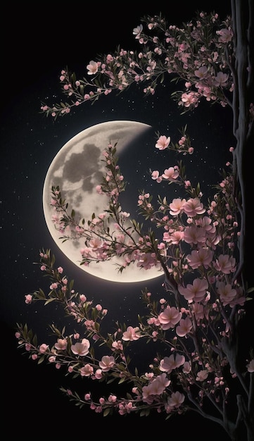 Moon in the sky with flowers