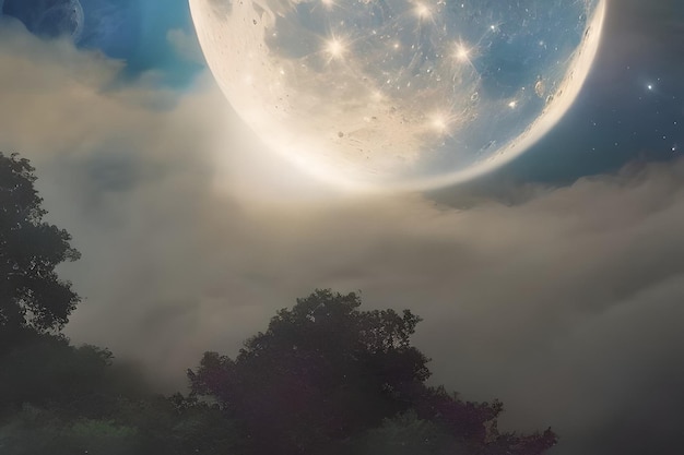 前景に木がある空の月