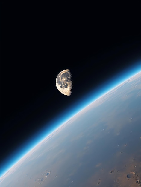 Луна в космосе с планетой на заднем плане.
