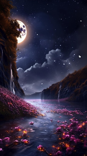 달과 별이 물 위에서 빛나고 있습니다.