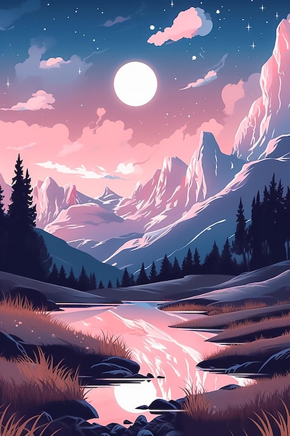 The moon stars and mountains in the background with pink Ai generated