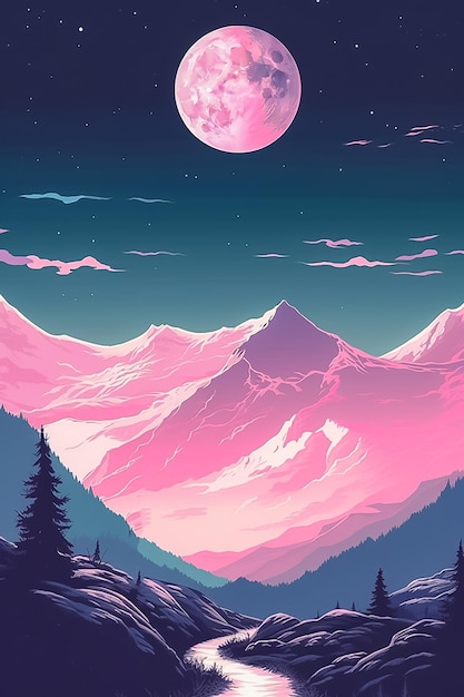 ピンクの Ai が生成された背景の月星と山