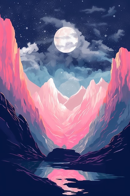 The moon stars and mountains in the background with pink Ai generated