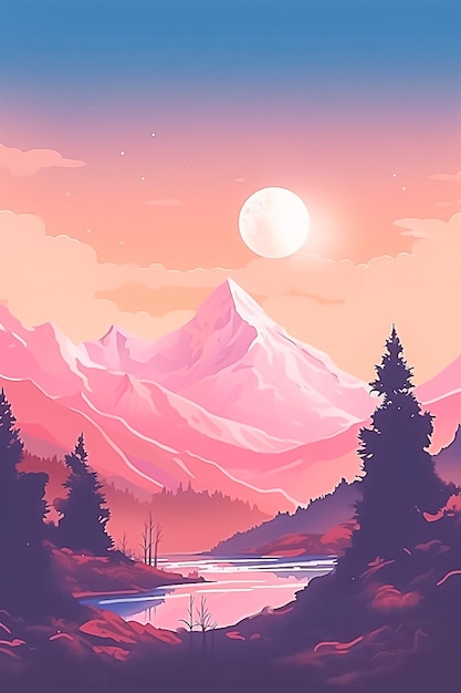 The moon stars and mountains in the background with pink Ai generated