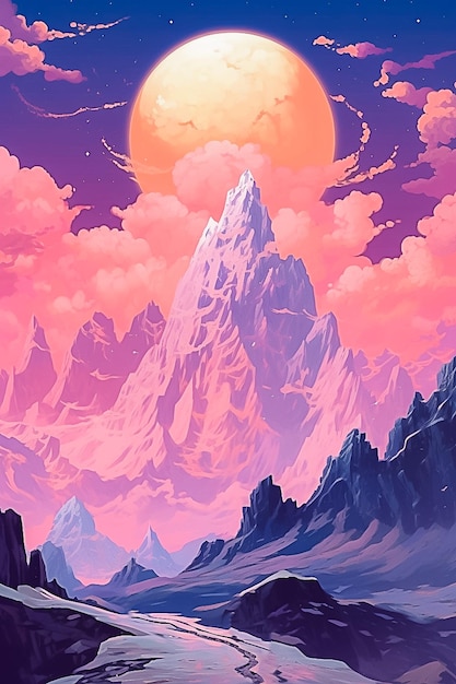 The moon stars and mountains in the background with pink Ai generated