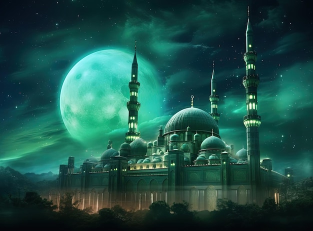 moon and stars in the sky above a mosque