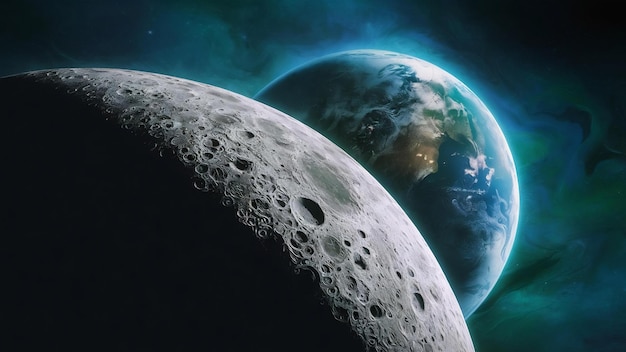 Moon surface and a big planet background