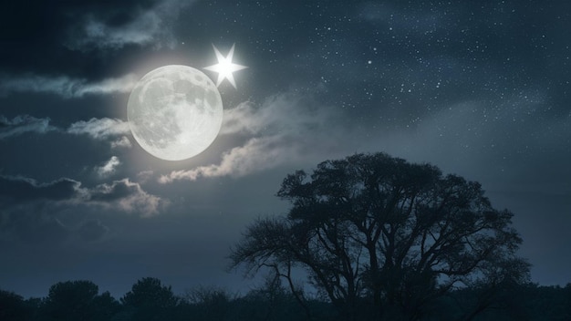 Photo the moon and the tree in the night sky