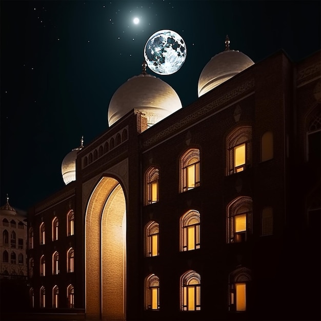 A Moon Visible over a Building at Night