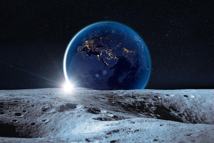 Photo 深宇宙のクレーターのある月と夜の地球 この画像の要素はnasaによって提供されています