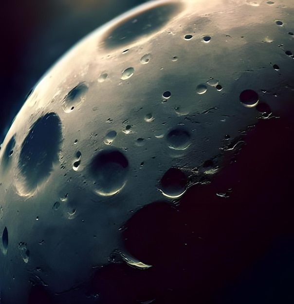 A moon with craters of shadows and a surface of