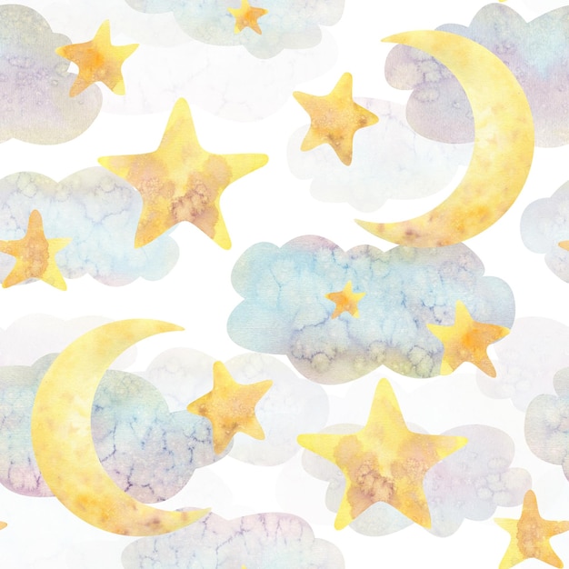 Moon with stars in clouds on a white background Watercolor illustration Seamless pattern from the BAMBOO collection For decoration and design of fabric textiles wallpaper packaging paper