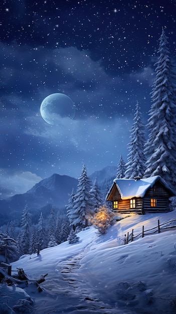 Под луной сияют старые хижины в спокойном зимнем снегу.