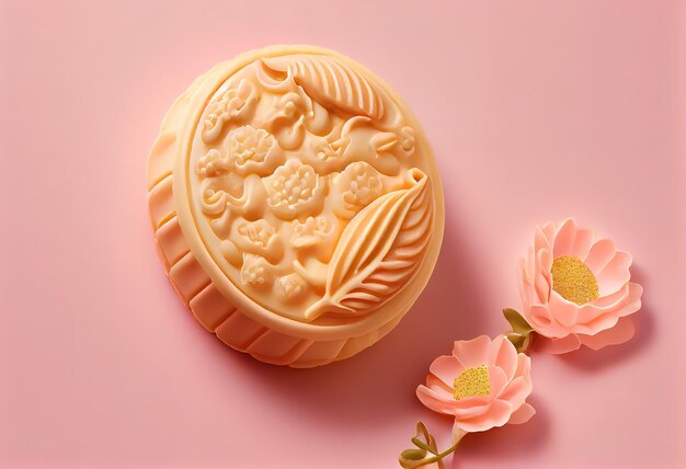 Mooncake on light pink background with pink flower Generative Ai