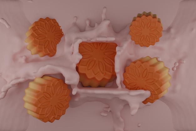 ミルク スプラッシュ デザイン要素と月餅白の抽象的な液体の背景3D レンダリング図