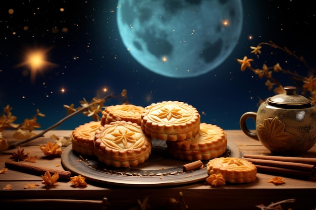 Photo mooncakes on the background of the full moon midautumn day in china