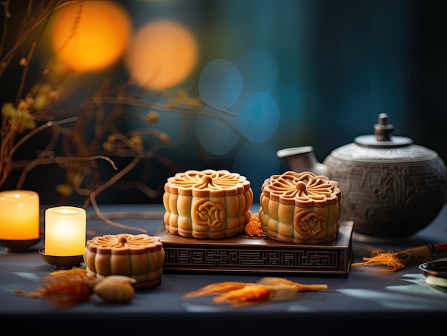 Photo mooncakes and chinese lanterns midautumn festival chinese moon festival zhongqiu concept generative