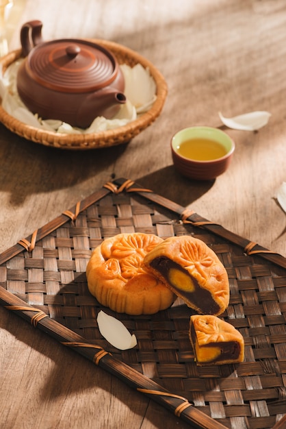 Mooncakes, Vietnamese gebakjes die traditioneel worden gegeten tijdens het Mid-Autumn Festival. Tekst op taart betekent geluk.