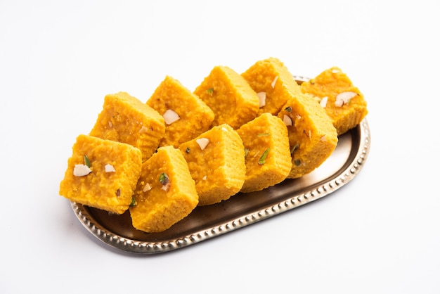 MoongÃÂ Dal Besan Burfi is made with roastedÃÂ moongÃÂ dal or yellow lentil, chickpea flour, ghee, khoya or mawa and sugar syrup, Indian sweet or dessert