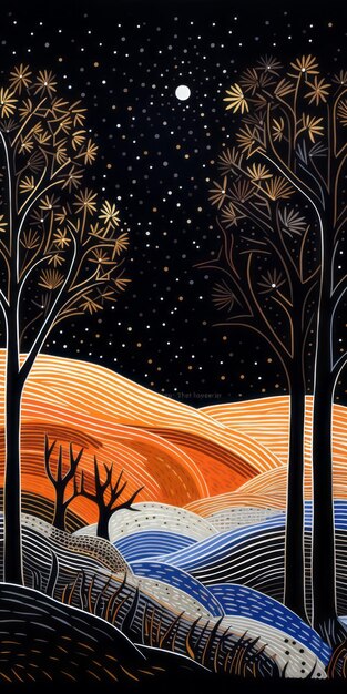 Moonlight Landscape Intricate Woodcut Design In Acrylic On Canvas