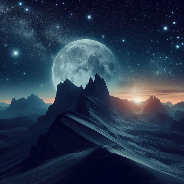 Photo moonlight mountain background night landscape with mountains and a large moon