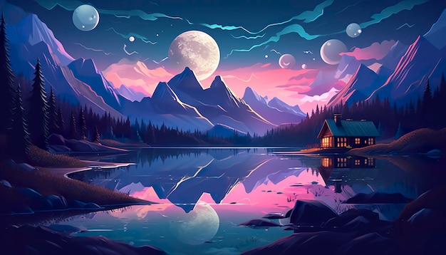 Moonlight mountain scene house beside a lake ai generative