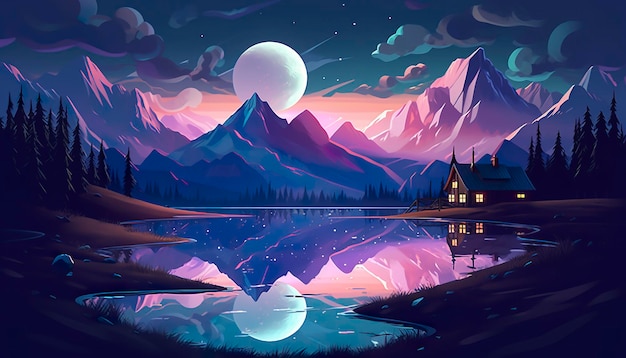 Moonlight mountain scene house beside a lake AI Generative