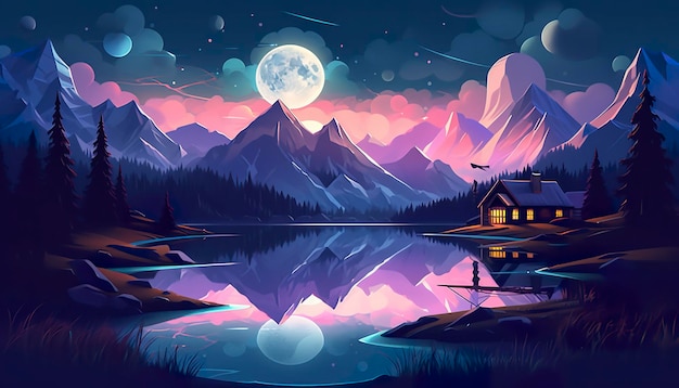 Moonlight mountain scene house beside a lake