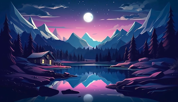 Foto casa con scena di montagna al chiaro di luna accanto a un lago