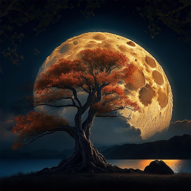 月夜と木のシルエットの壁紙