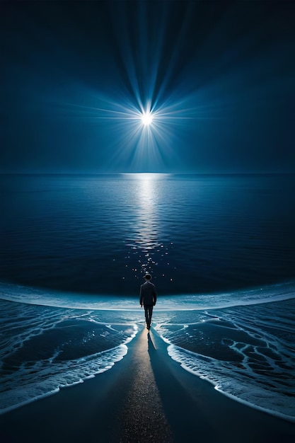 海の風景の中の月明かり 海の上の明るい満月