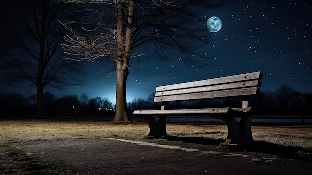 Moonlight park bench at night