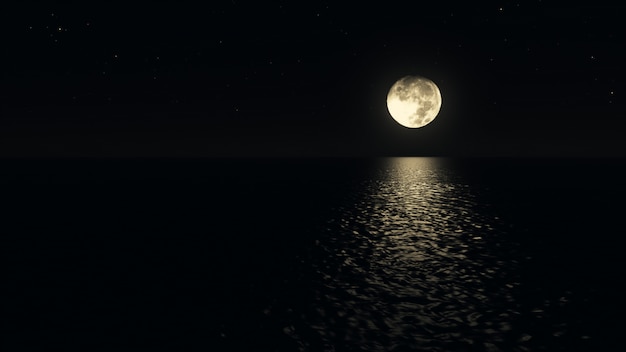 바다 현실적인 3d 일러스트 위의 낮은 바보 달과 달빛 경로