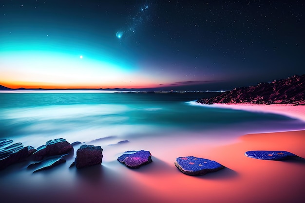 moonlight sea meteor stars background