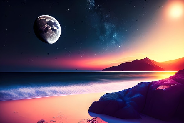 moonlight, sea, meteor, stars, striking design background