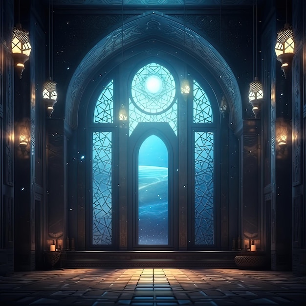 Moonlight shine through the window into islamic backgroundGenerative ai