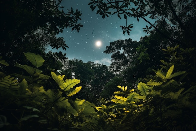 森の天幕を通って輝く月光