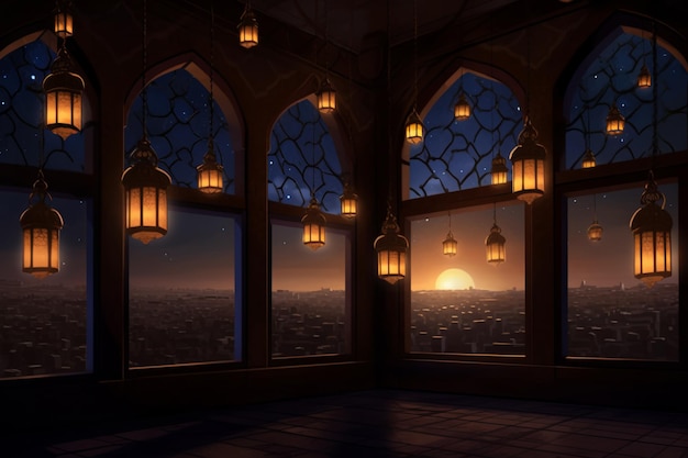 Moonlight shining through the window to the inside of an Islamic mosque generative ai