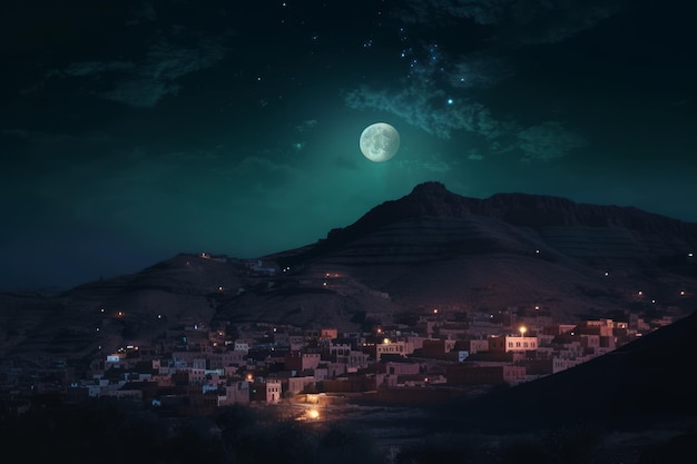 Moonlight over a village in the mountains at night with starry sky Generative AI