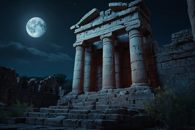 Foto antiche rovine illuminate dalla luna