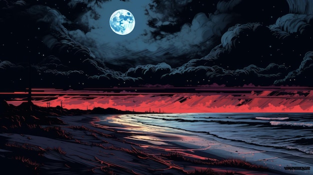 Photo moonlit beach comic book art in the style of sza