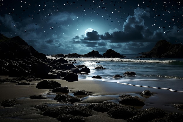 Лунный пляж, волны под звездами