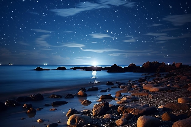 Лунный пляж, волны под звездами