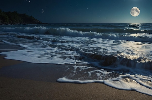 Moonlit beach with waves crashing ashore